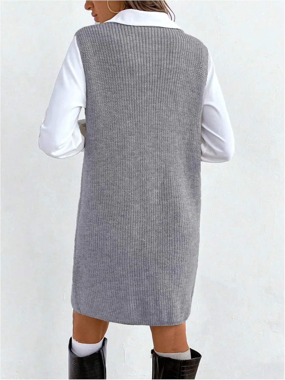 MakeMeChic Women's Casual Sweater Dress V Neck Sleeveless Knit Short Sweater Dresses with Pocket