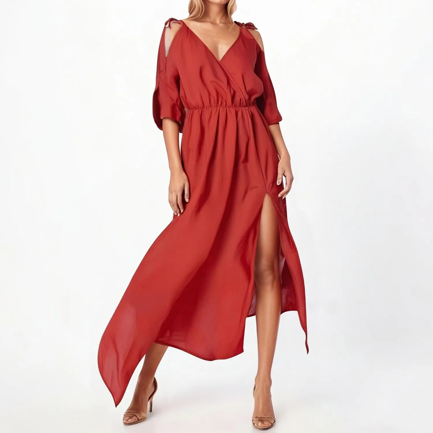 Maxi Dresses for Seniors Cold Shoulder Short Sleeve Slit Long Dresses Sexy V Neck Flowy Wedding Guests Vacation Dresses