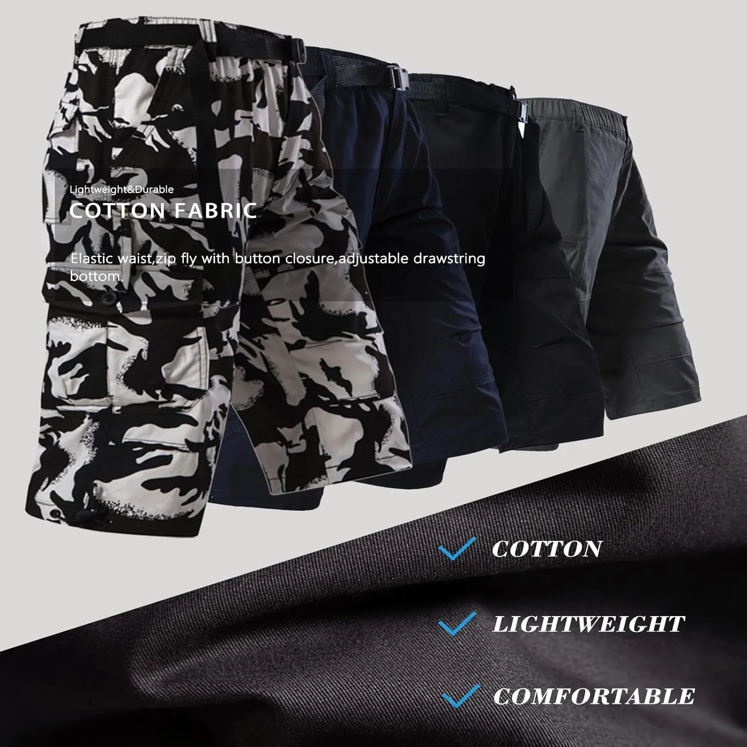Mylldey Men's Cargo Shorts 3/4 Relaxed Fit Mens Running Shorts 7 Pockets Elastic Waist Cotton Hiking Shorts