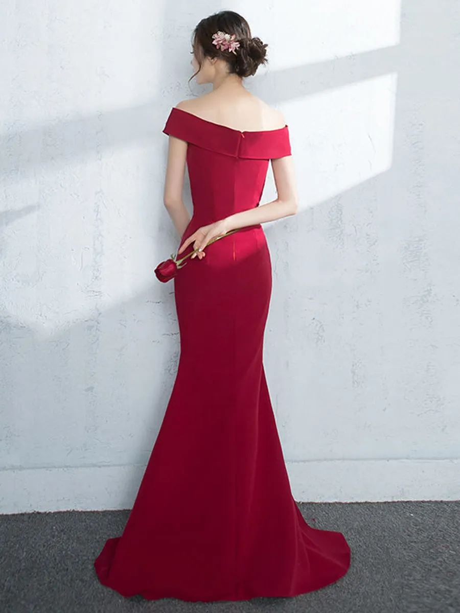 Off Shoulder Mermaid Burgundy/Navy Blue/Black Satin Long Prom with Slit, Burgundy/Navy Blue/Black Mermaid Formal, Evening