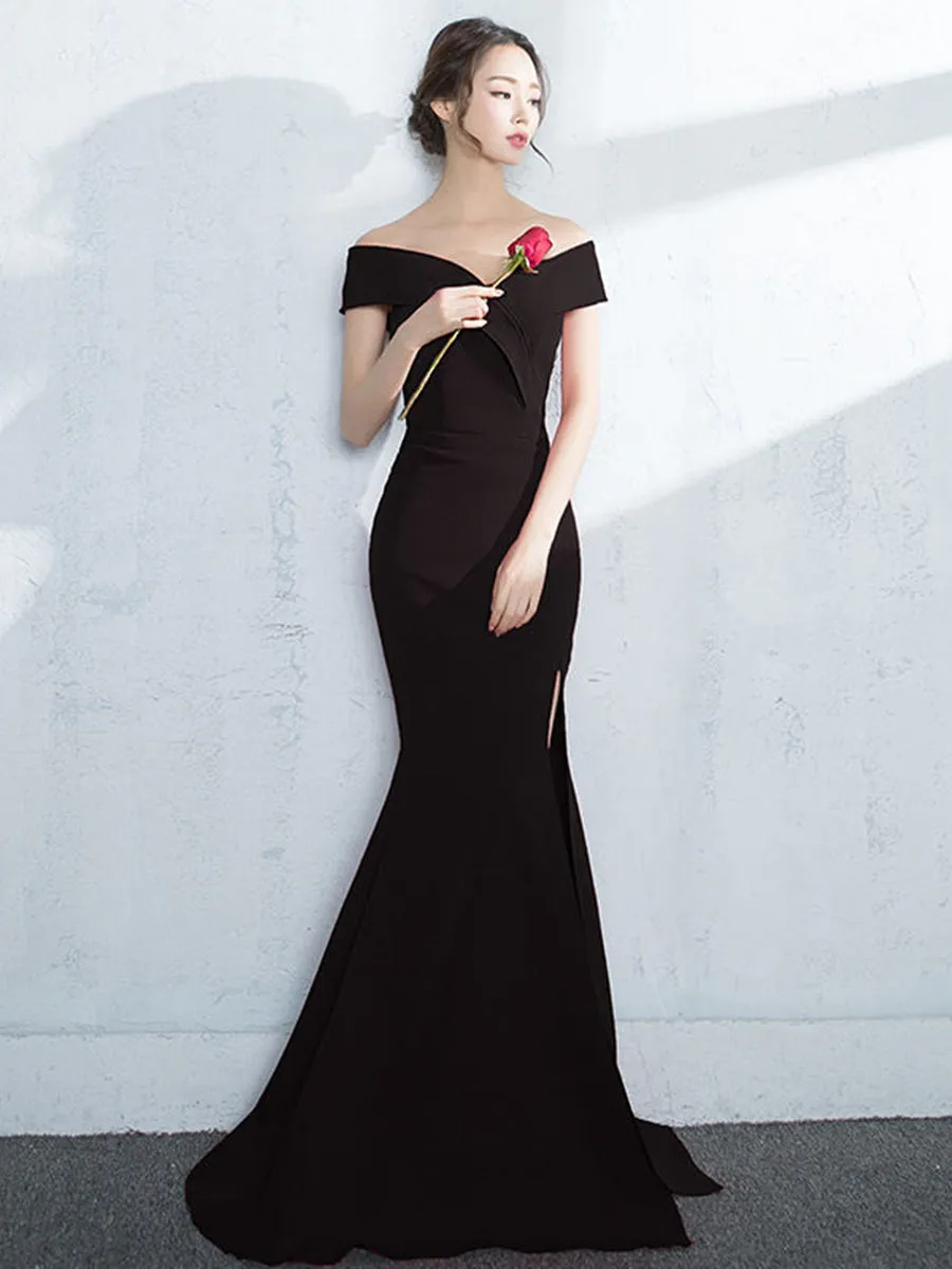Off Shoulder Mermaid Burgundy/Navy Blue/Black Satin Long Prom with Slit, Burgundy/Navy Blue/Black Mermaid Formal, Evening
