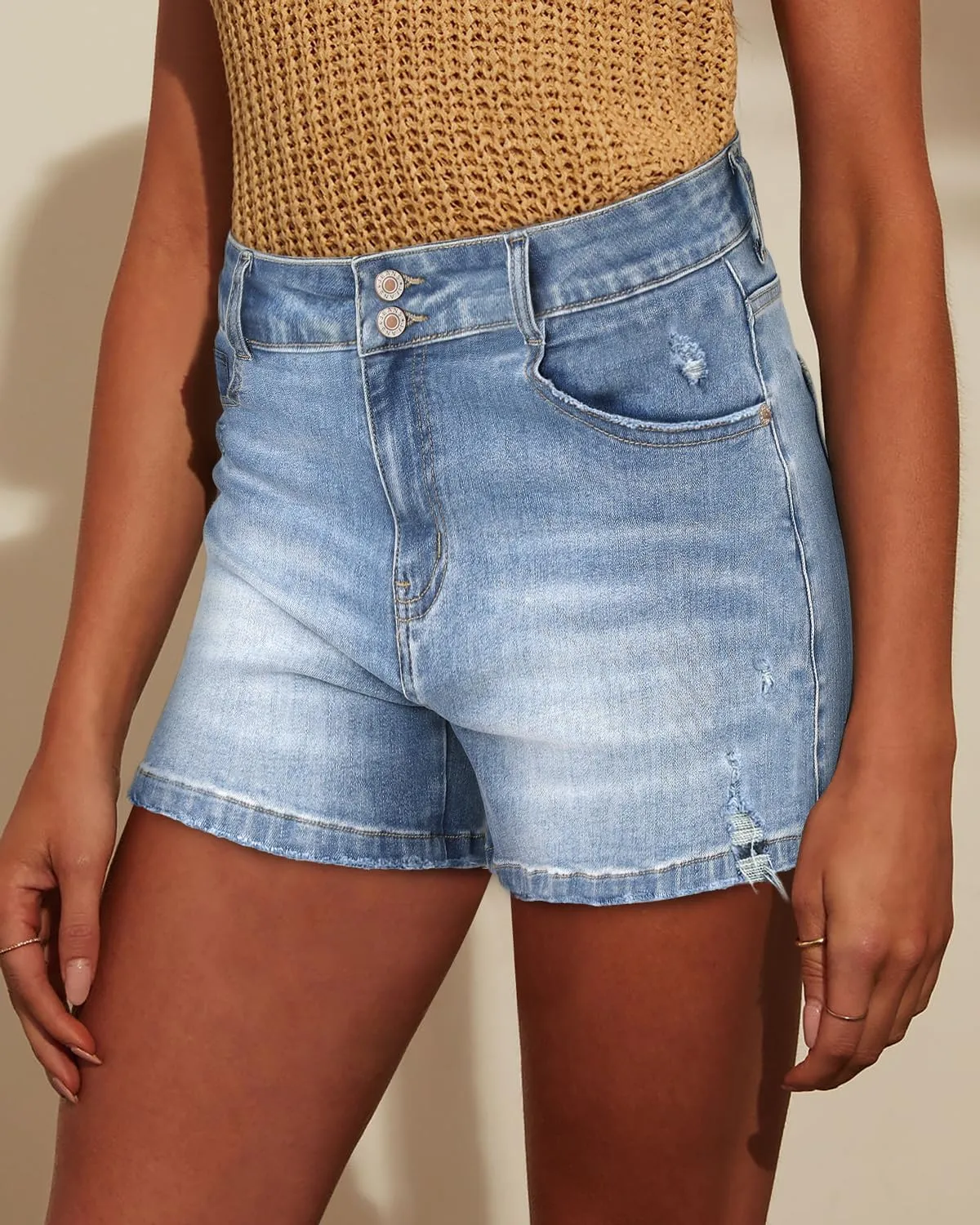 onlypuff Women Denim Shorts Cut Off Mid Rise Frayed Jean Shorts