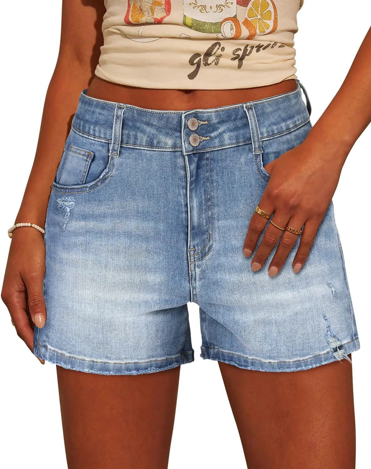 onlypuff Women Denim Shorts Cut Off Mid Rise Frayed Jean Shorts