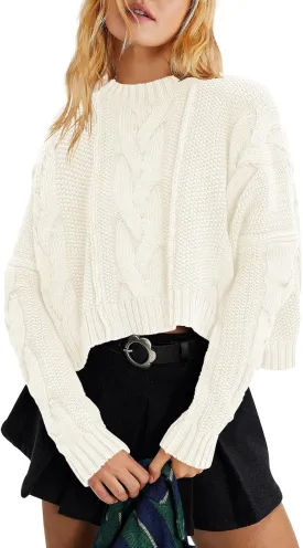 Panadila Womens Cropped Sweater Crew Neck Cable Knit Sweater Ribbed Long Sleeve Top Soft Boxy Pullover