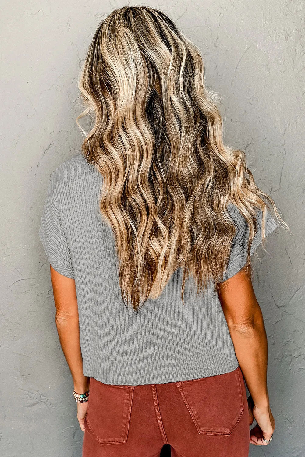 Patch Pocket Ribbed Knit Short Sleeve Sweater