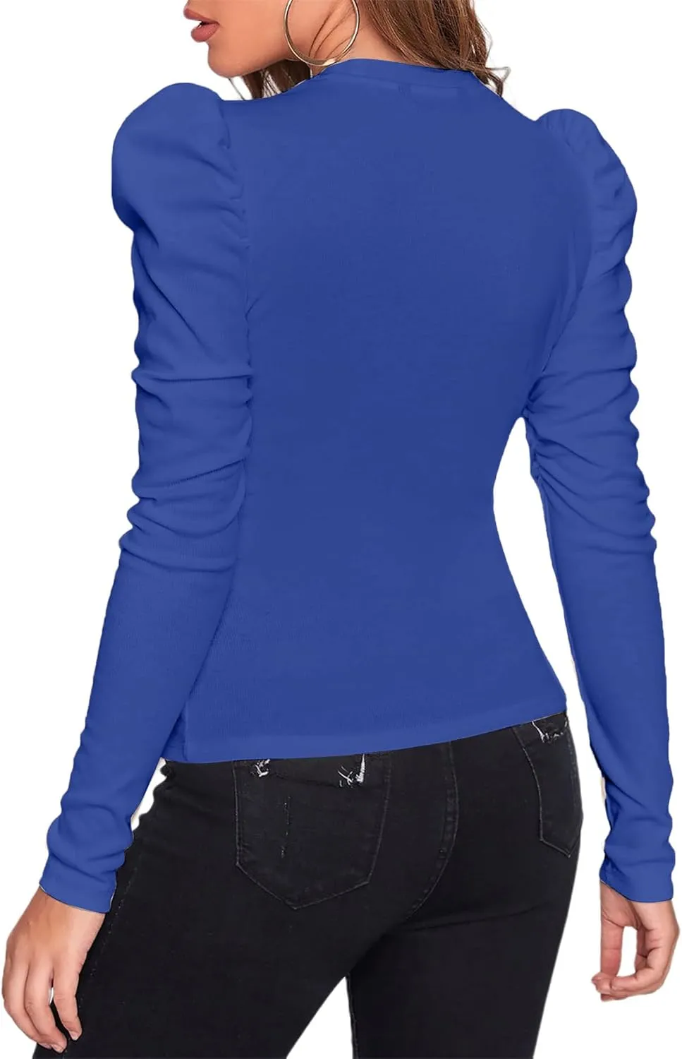 Remidoo Women's Solid Round Neck Puff Long Sleeve Slim Fit T Shirt Tops