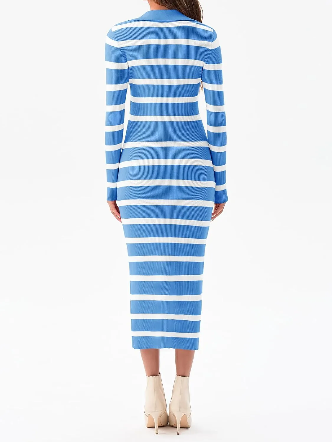 Saodimallsu Womens Striped Sweater Dress Long Sleeve Bodycon V Neck Collared Sexy Slit Knit Midi Dresses