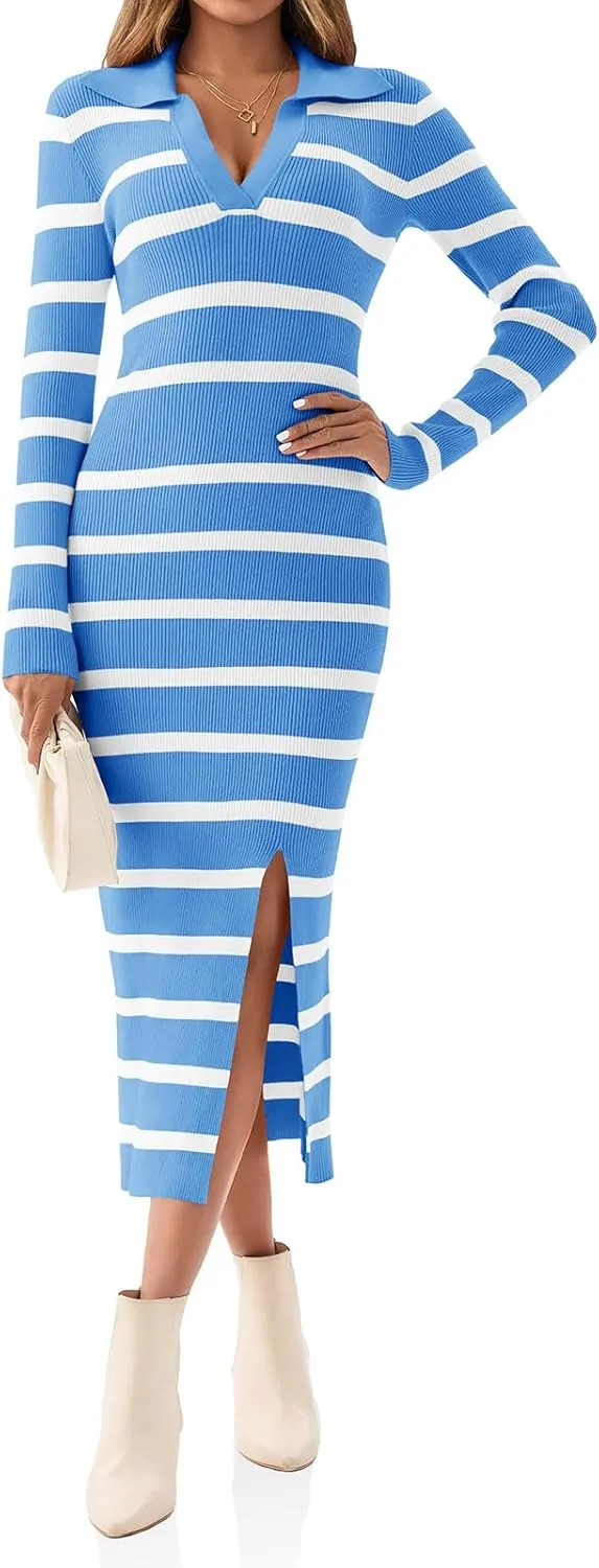 Saodimallsu Womens Striped Sweater Dress Long Sleeve Bodycon V Neck Collared Sexy Slit Knit Midi Dresses