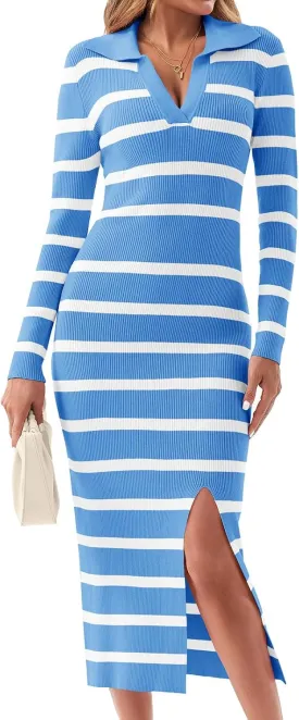 Saodimallsu Womens Striped Sweater Dress Long Sleeve Bodycon V Neck Collared Sexy Slit Knit Midi Dresses