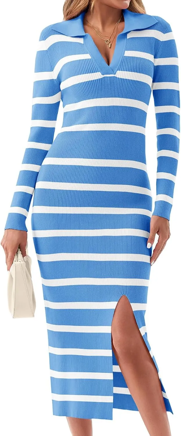 Saodimallsu Womens Striped Sweater Dress Long Sleeve Bodycon V Neck Collared Sexy Slit Knit Midi Dresses