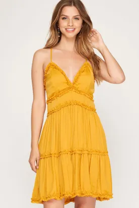 Satin Tiered Cami Dress with Lining and Ruffle Detail