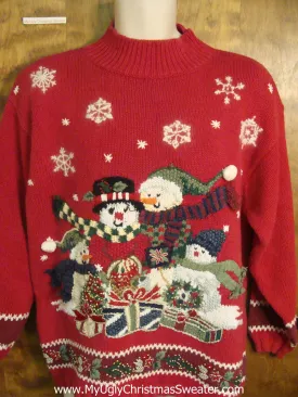 Snowman Family Unwrapping Presents Ugly Sweater for Xmas