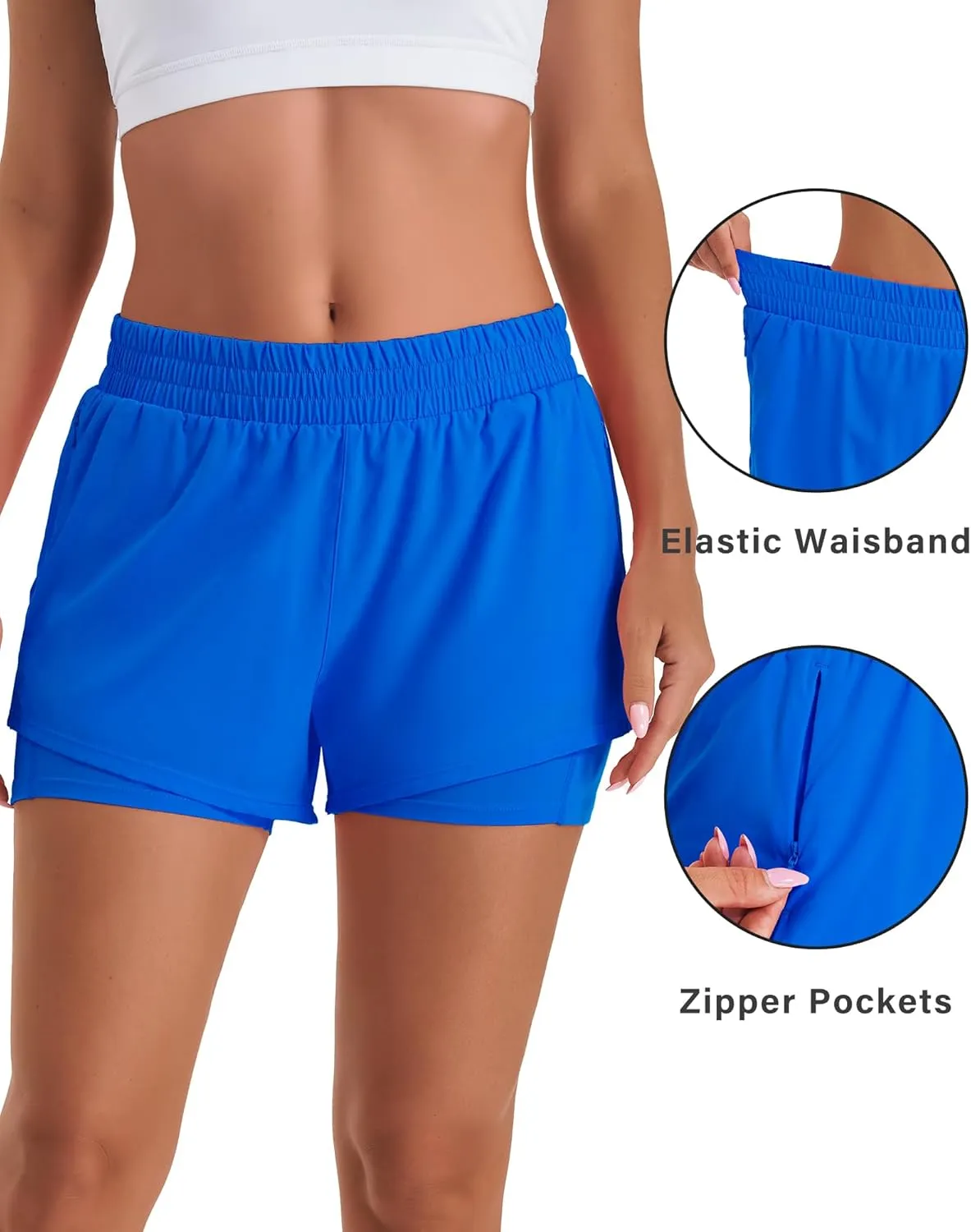 Stelle Women's 2 in 1 Running Shorts Athletic Workout Gym Shorts High Waisted Shorts with Liner Zipper Pockets