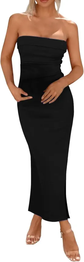 Summer Dresses for Women 2025 Elegant Sexy Bodycon Maxi Dresses Strapless Side Slit Solid Color Dress Wedding Guest Dress