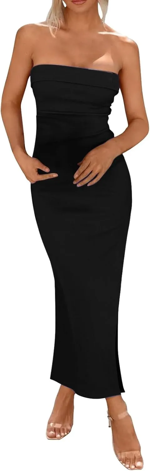Summer Dresses for Women 2025 Elegant Sexy Bodycon Maxi Dresses Strapless Side Slit Solid Color Dress Wedding Guest Dress