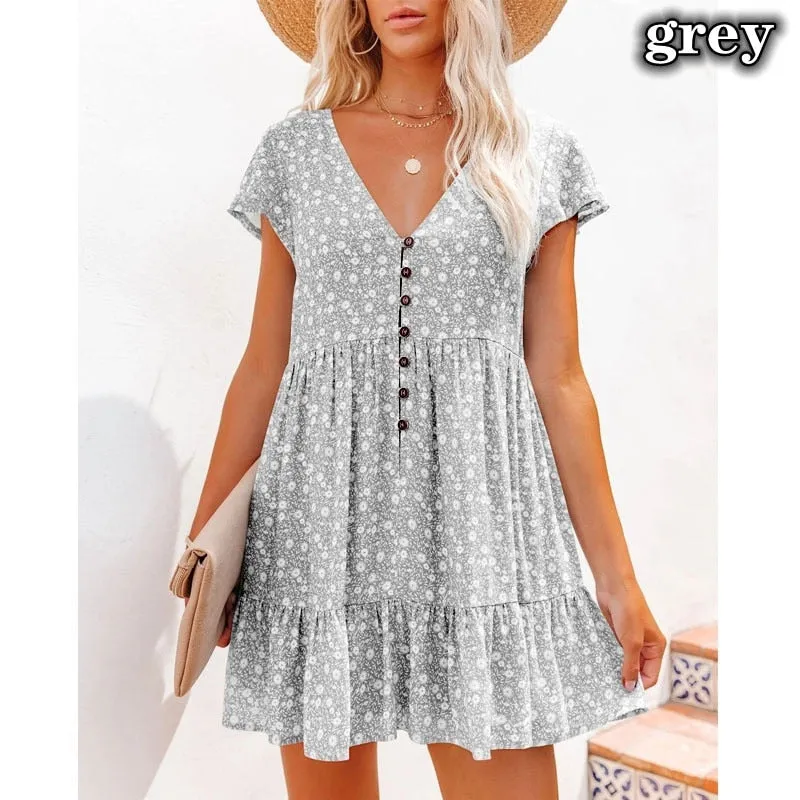 Summer Lady Doll Dress Fashion Casual Loose Sexy V-neck Short Sleeve Sleeve Sleeve Wave Point Mini Dress - WD8083