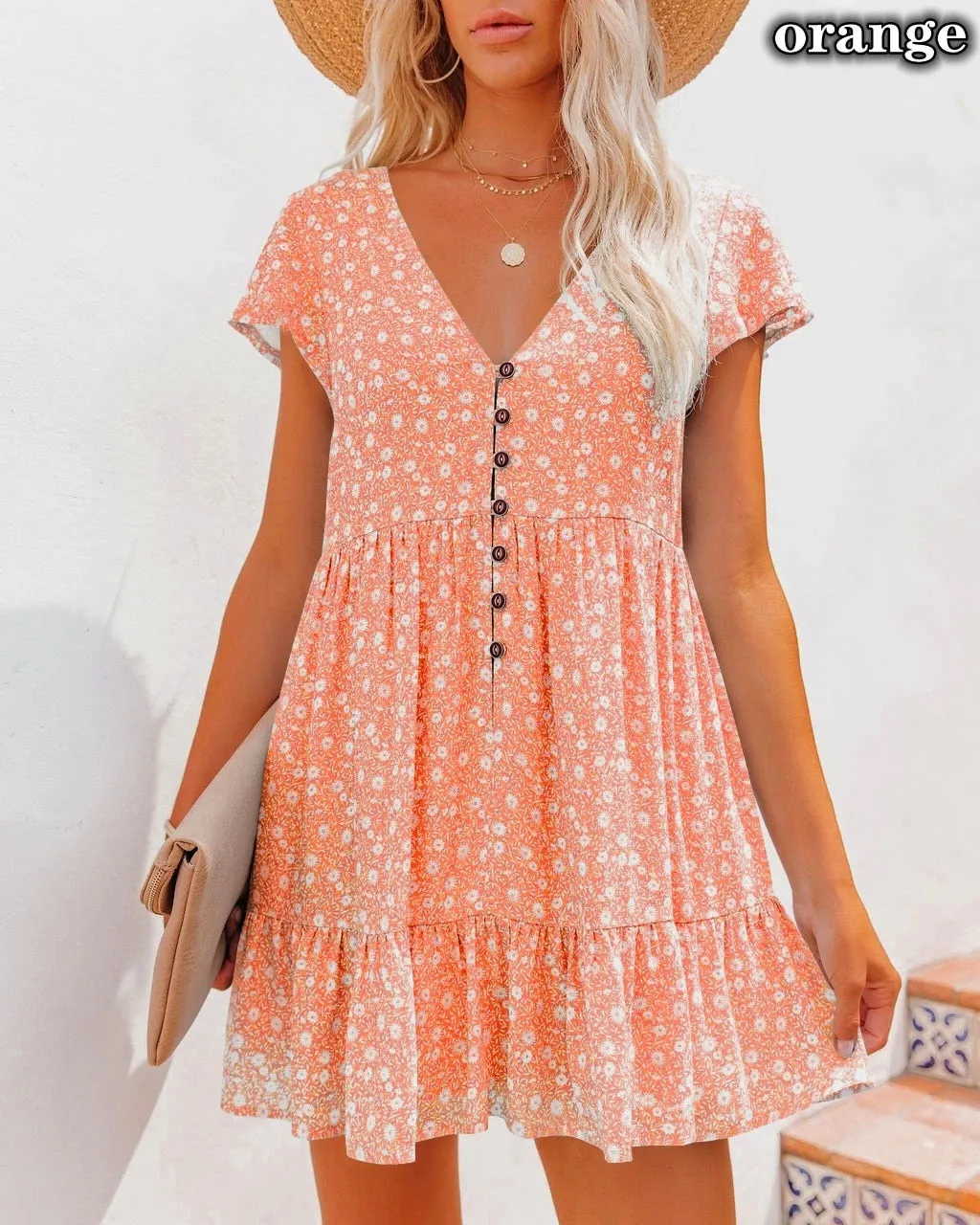Summer Lady Doll Dress Fashion Casual Loose Sexy V-neck Short Sleeve Sleeve Sleeve Wave Point Mini Dress - WD8083
