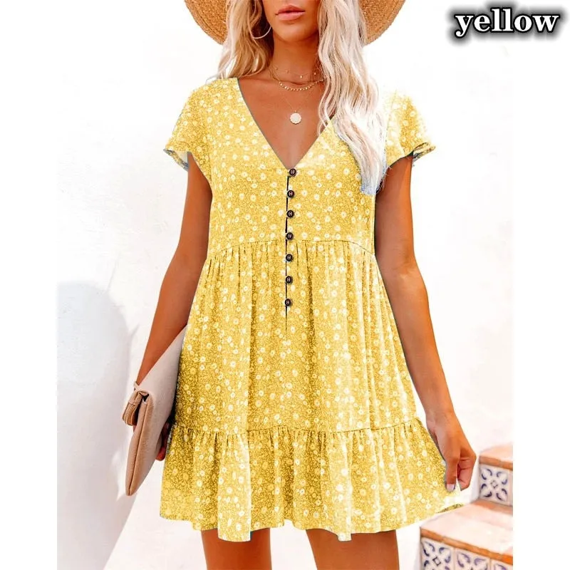 Summer Lady Doll Dress Fashion Casual Loose Sexy V-neck Short Sleeve Sleeve Sleeve Wave Point Mini Dress - WD8083