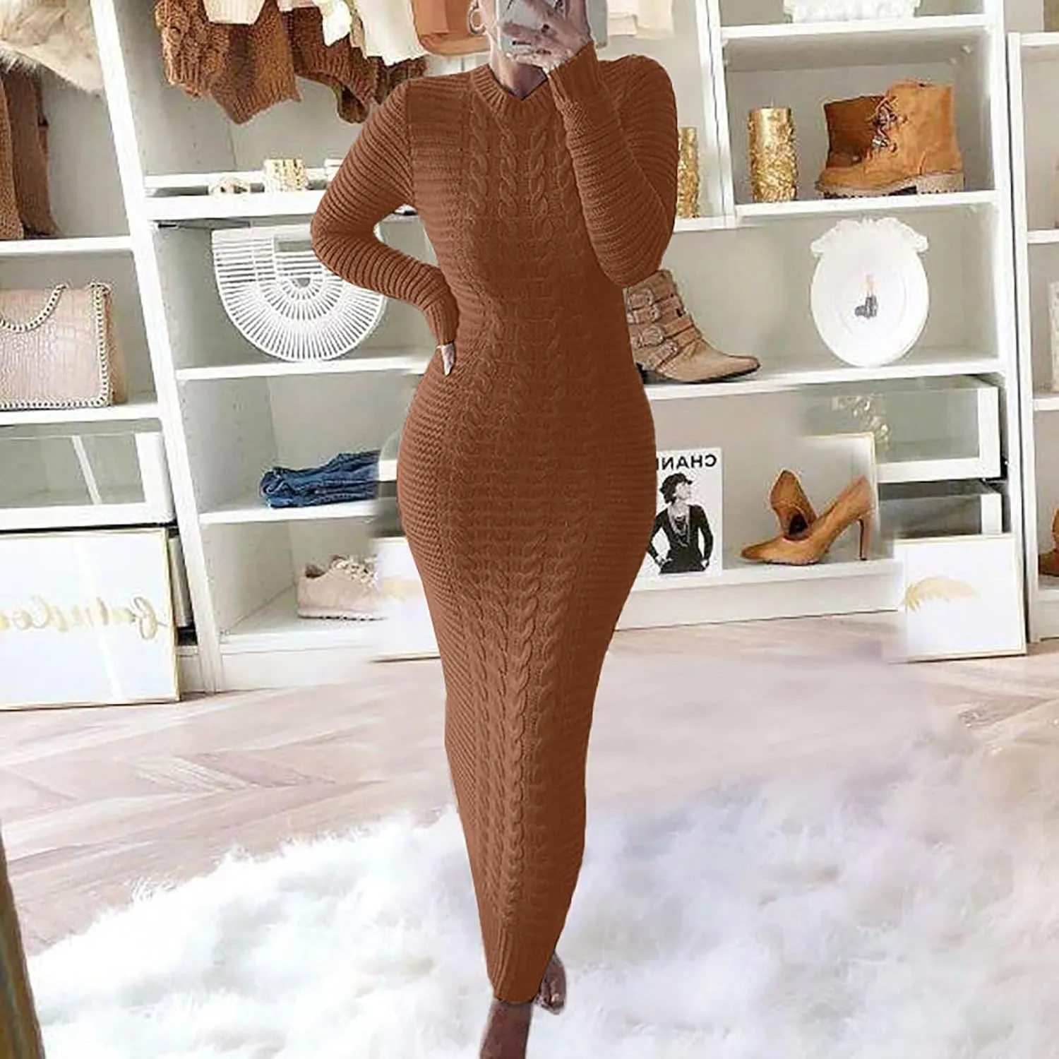 Sweater Maxi Dress Women Crewneck Long Sleeve Chunky Cable Knit Pullover Sweater Bodycon Long Dress Jumper Dress