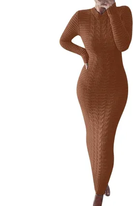 Sweater Maxi Dress Women Crewneck Long Sleeve Chunky Cable Knit Pullover Sweater Bodycon Long Dress Jumper Dress