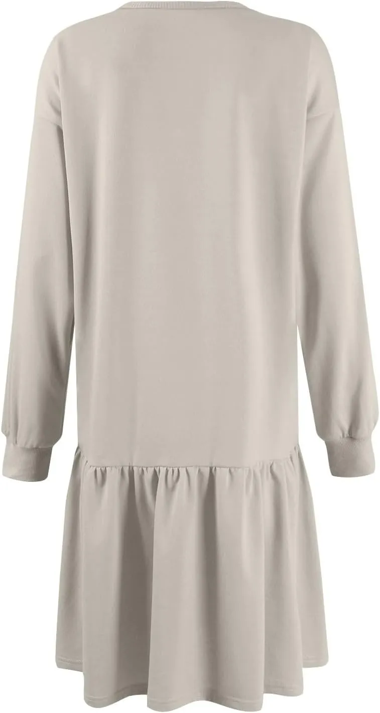Sweatshirt Dress for Women Crewneck Long Sleeve Patchwork Pleated Pullover Relaxed Fit Mini Dress Fall Dress 2024