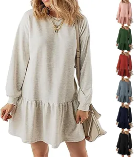Sweatshirt Dress for Women Crewneck Long Sleeve Patchwork Pleated Pullover Relaxed Fit Mini Dress Fall Dress 2024
