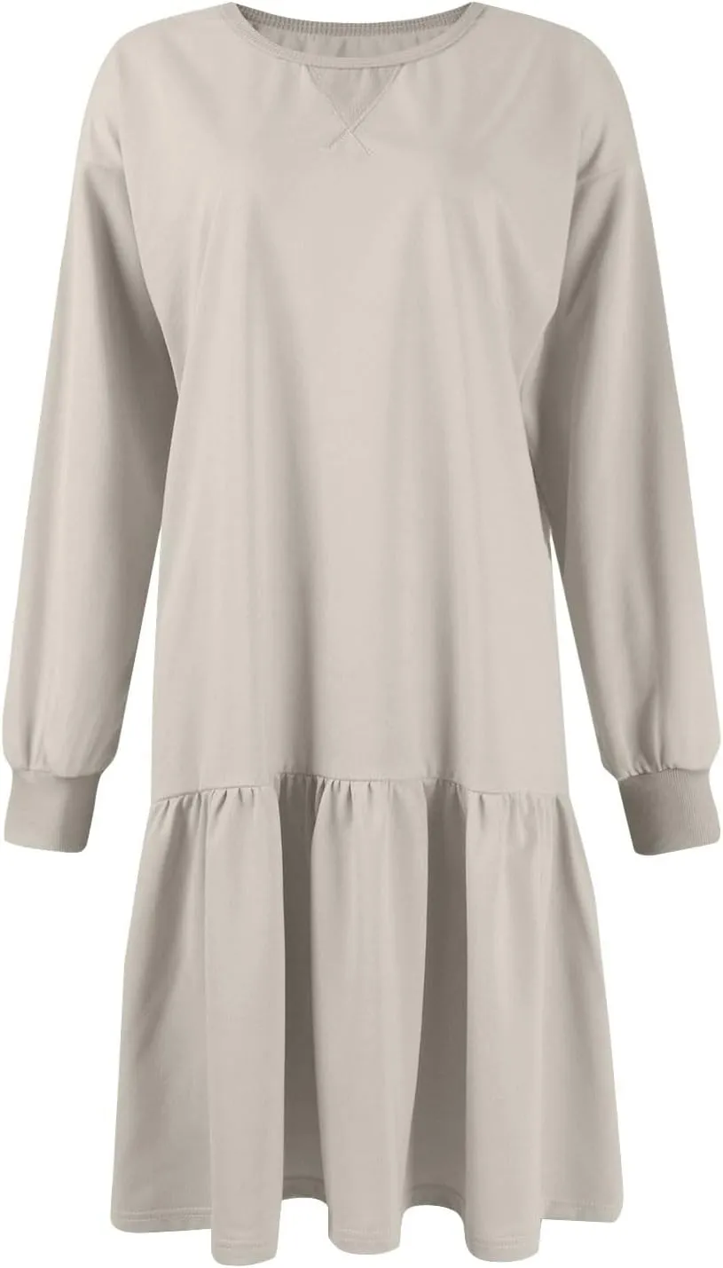 Sweatshirt Dress for Women Crewneck Long Sleeve Patchwork Pleated Pullover Relaxed Fit Mini Dress Fall Dress 2024
