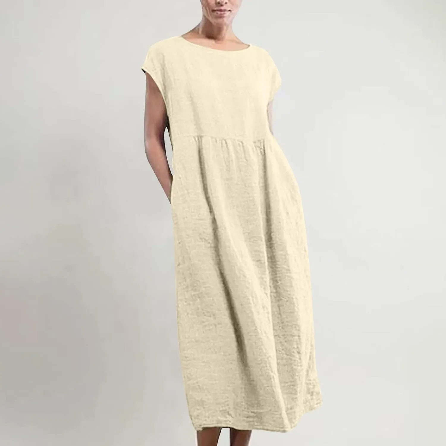 TANGNADE Womens Cotton Linen Maxi Dress Summer Solid Color Short Sleeve Crew Neck Dresses Plus Size Flowy Beach Dress