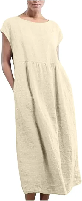 TANGNADE Womens Cotton Linen Maxi Dress Summer Solid Color Short Sleeve Crew Neck Dresses Plus Size Flowy Beach Dress
