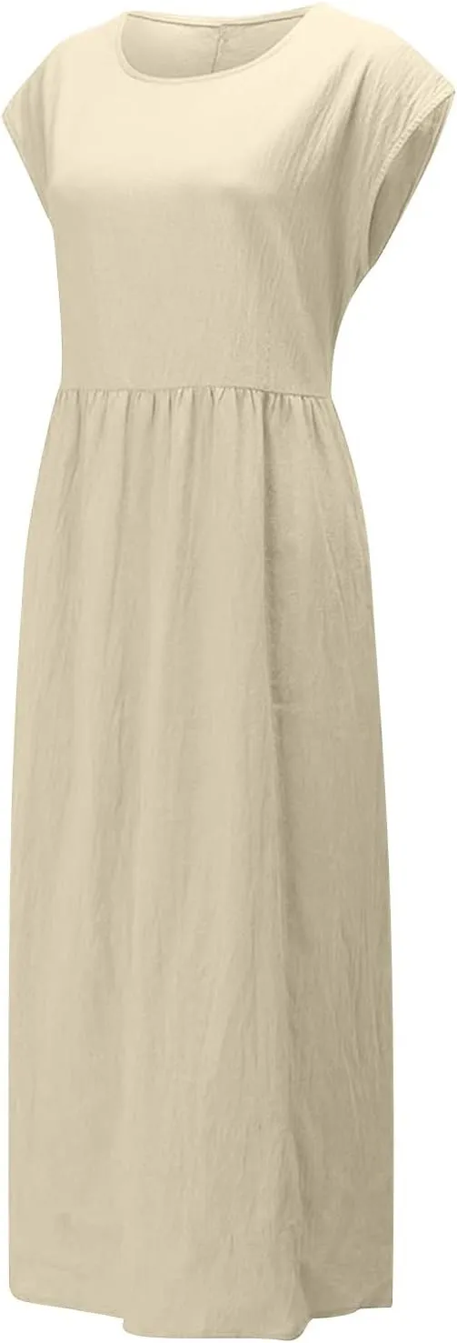 TANGNADE Womens Cotton Linen Maxi Dress Summer Solid Color Short Sleeve Crew Neck Dresses Plus Size Flowy Beach Dress