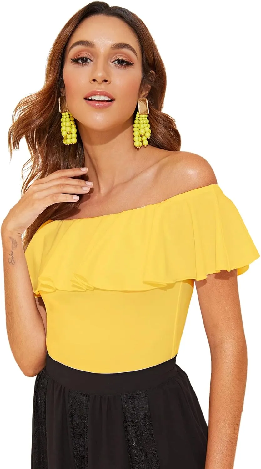 WDIRARA Women's Stretchy Off Shoulder Flounce Sleeve Sexy Slim Blouse Tops Shirt