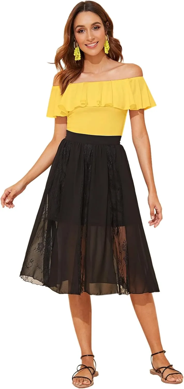 WDIRARA Women's Stretchy Off Shoulder Flounce Sleeve Sexy Slim Blouse Tops Shirt