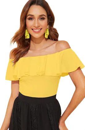 WDIRARA Women's Stretchy Off Shoulder Flounce Sleeve Sexy Slim Blouse Tops Shirt