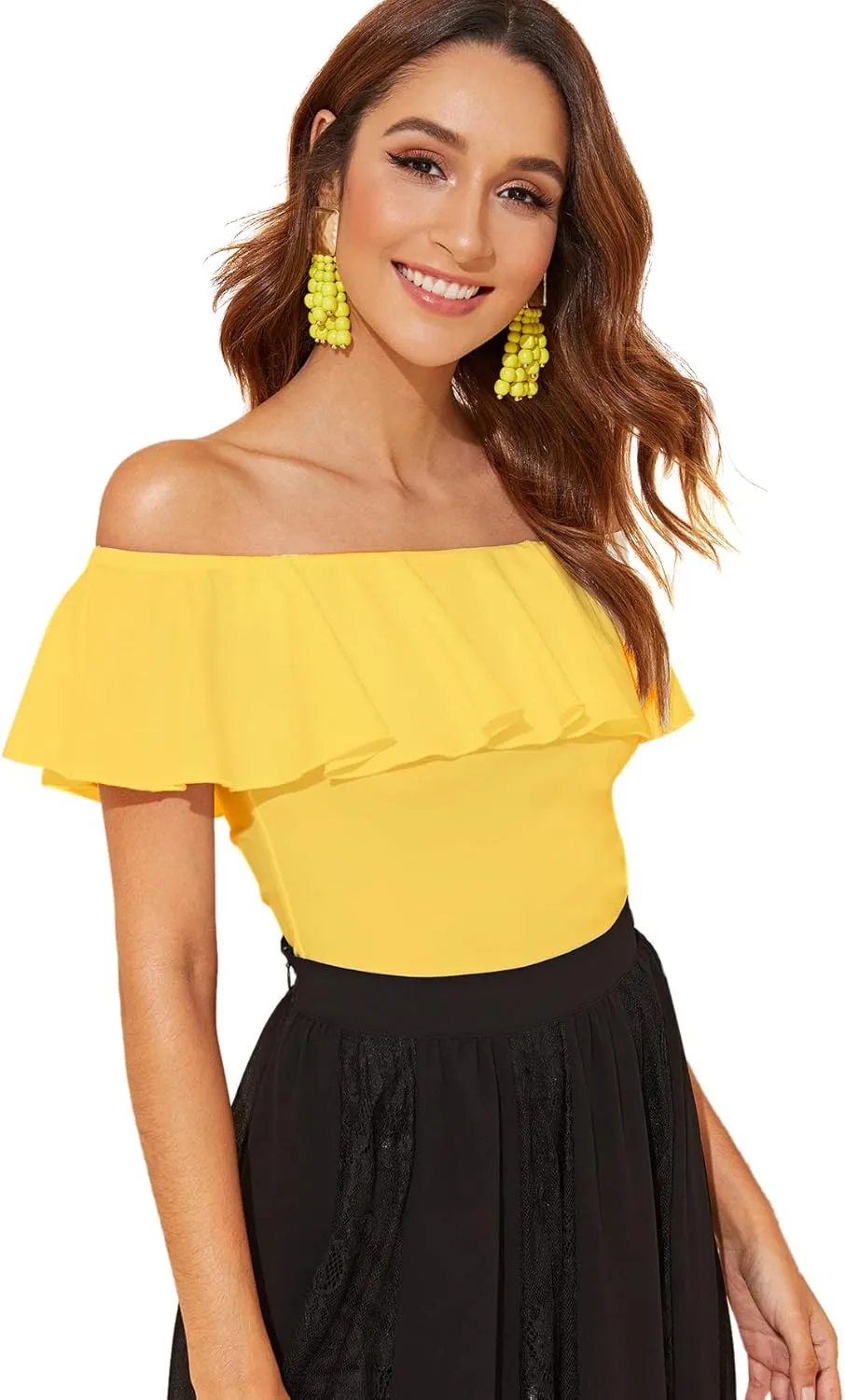 WDIRARA Women's Stretchy Off Shoulder Flounce Sleeve Sexy Slim Blouse Tops Shirt