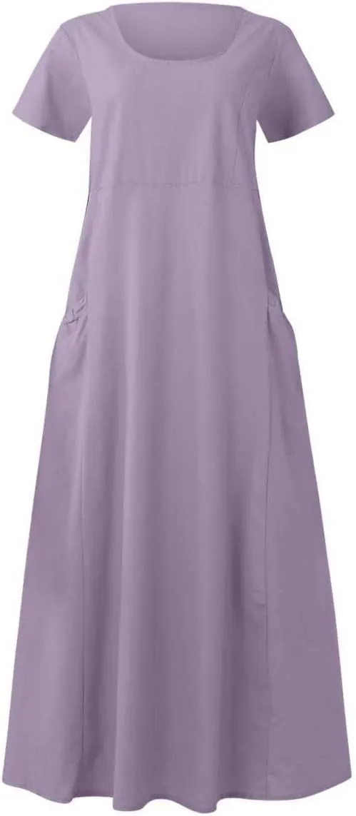 Women 2023 Summer Casual Short Sleeve Cotton Linen Dress Simple Solid Color Loose Beach Sundress with Pockets