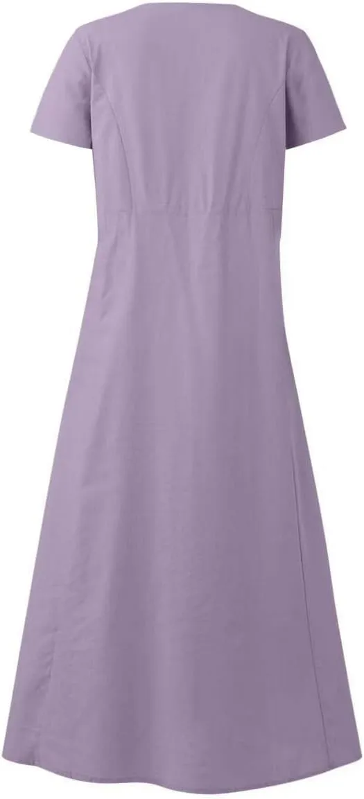 Women 2023 Summer Casual Short Sleeve Cotton Linen Dress Simple Solid Color Loose Beach Sundress with Pockets