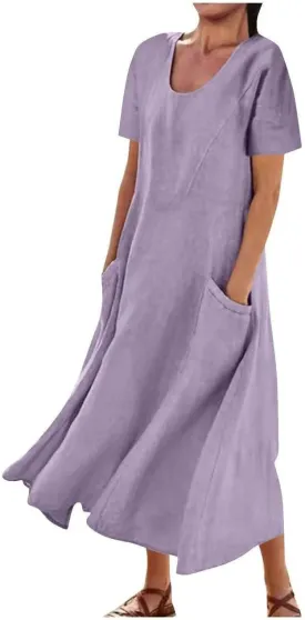 Women 2023 Summer Casual Short Sleeve Cotton Linen Dress Simple Solid Color Loose Beach Sundress with Pockets