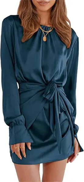 Women Casual Long Sleeve Crewneck Satin Dress Ruched Wrap Short Party Dress Elastic Tie Waist Cocktail Dress with Belt