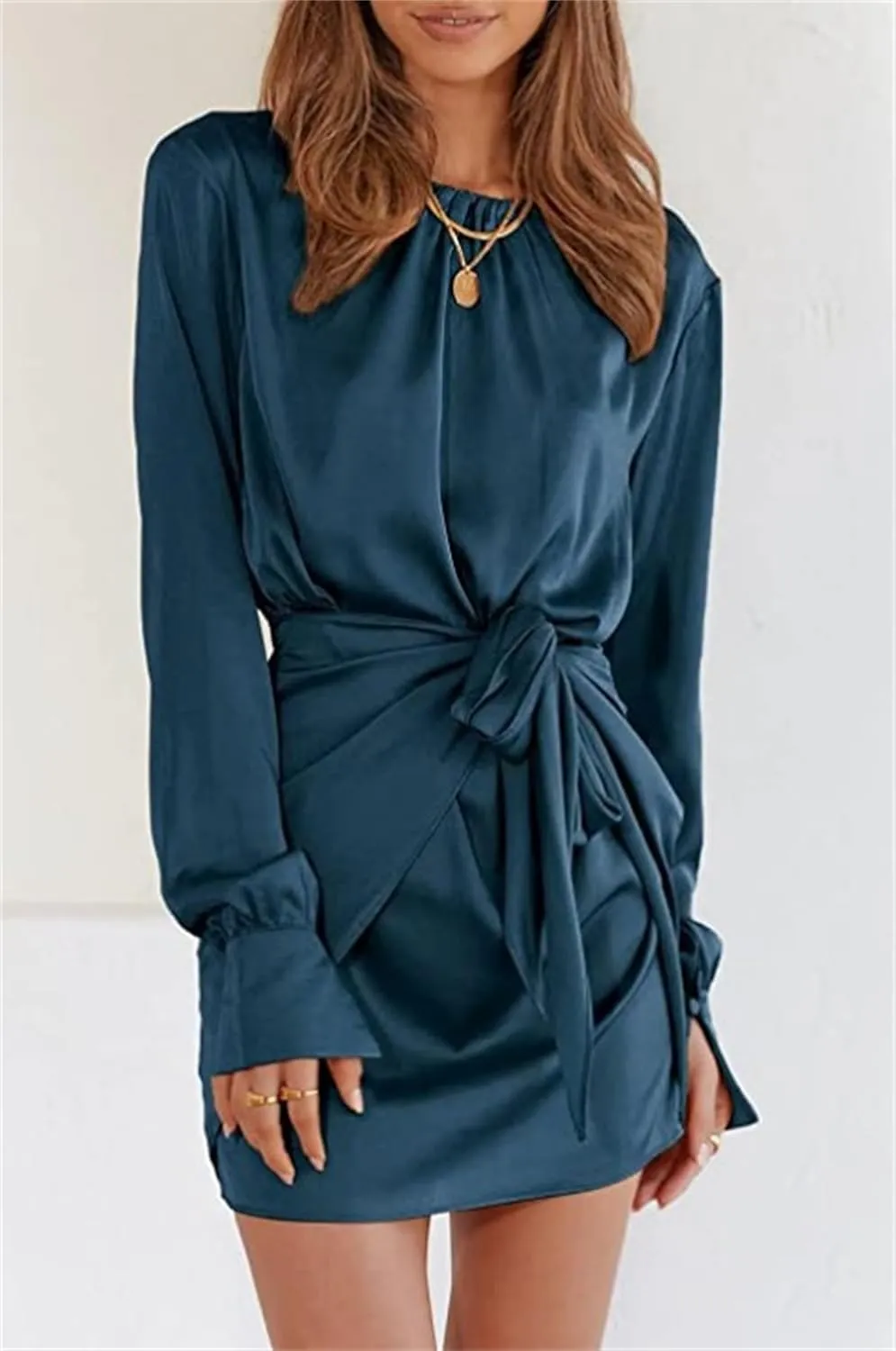 Women Casual Long Sleeve Crewneck Satin Dress Ruched Wrap Short Party Dress Elastic Tie Waist Cocktail Dress with Belt