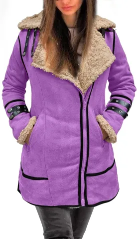 Women Plus Size Winter Coat Lapel Collar Long Sleeve Padded Leather Jacket Vintage Thicken Flannel Shirt Jacket