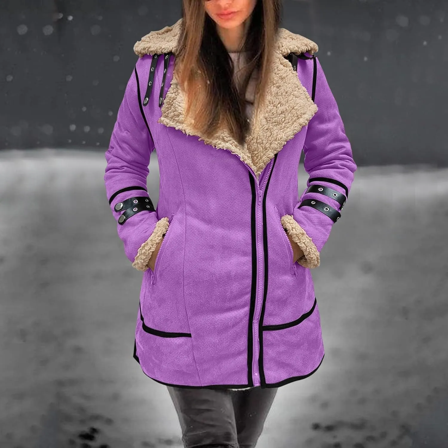 Women Plus Size Winter Coat Lapel Collar Long Sleeve Padded Leather Jacket Vintage Thicken Flannel Shirt Jacket