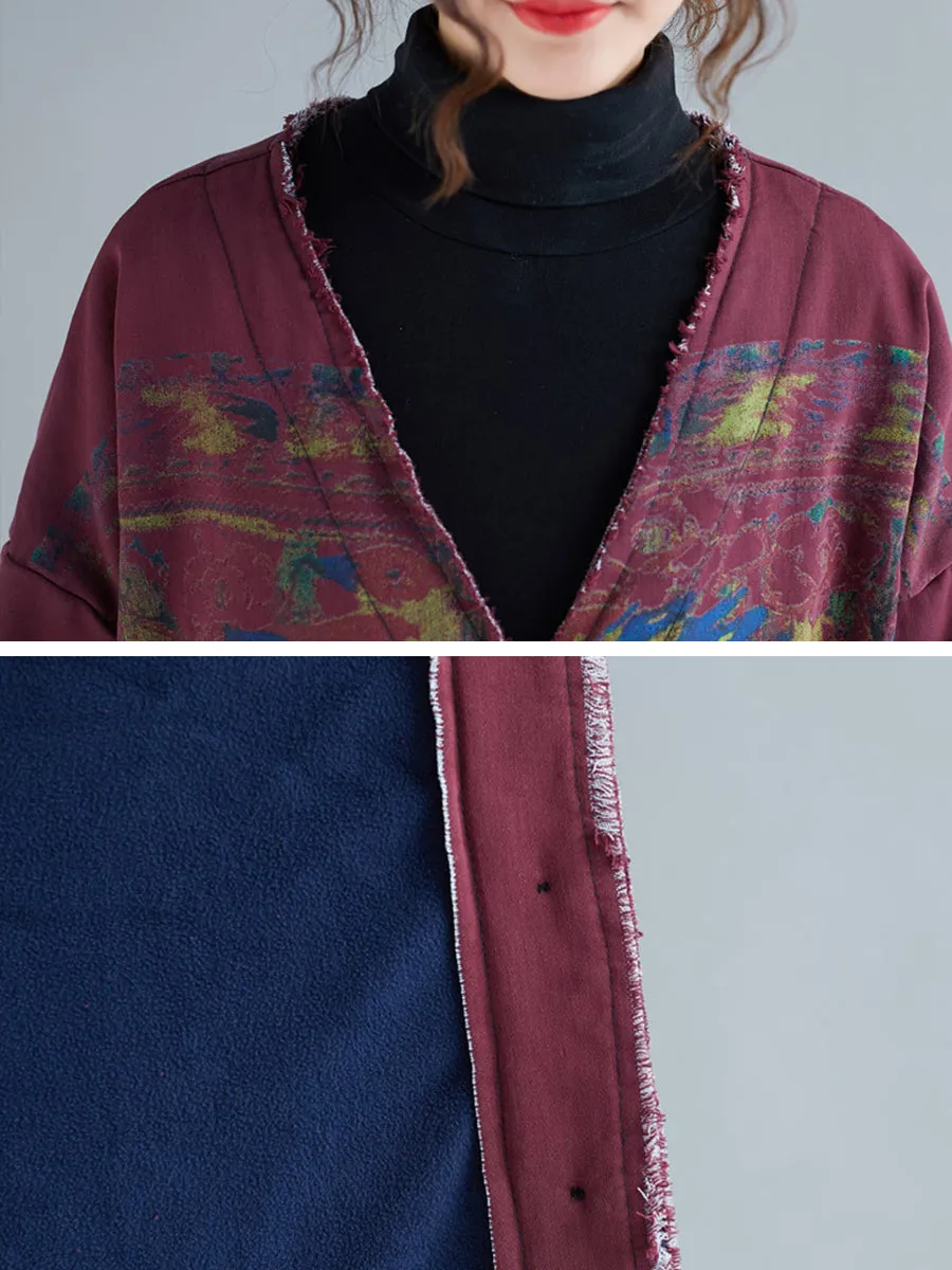 Women Retro Winter Print Raw-edge V-Neck Long Coat