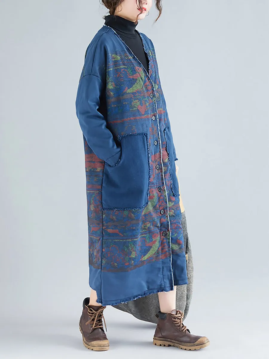 Women Retro Winter Print Raw-edge V-Neck Long Coat