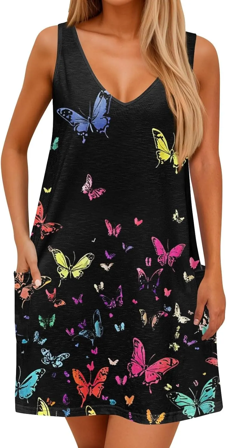 Women Summer Dresses Sleeveless Beach Dress with Pocket Vacation V Neck Sundress 2025 Casual Swimsuit Coverup