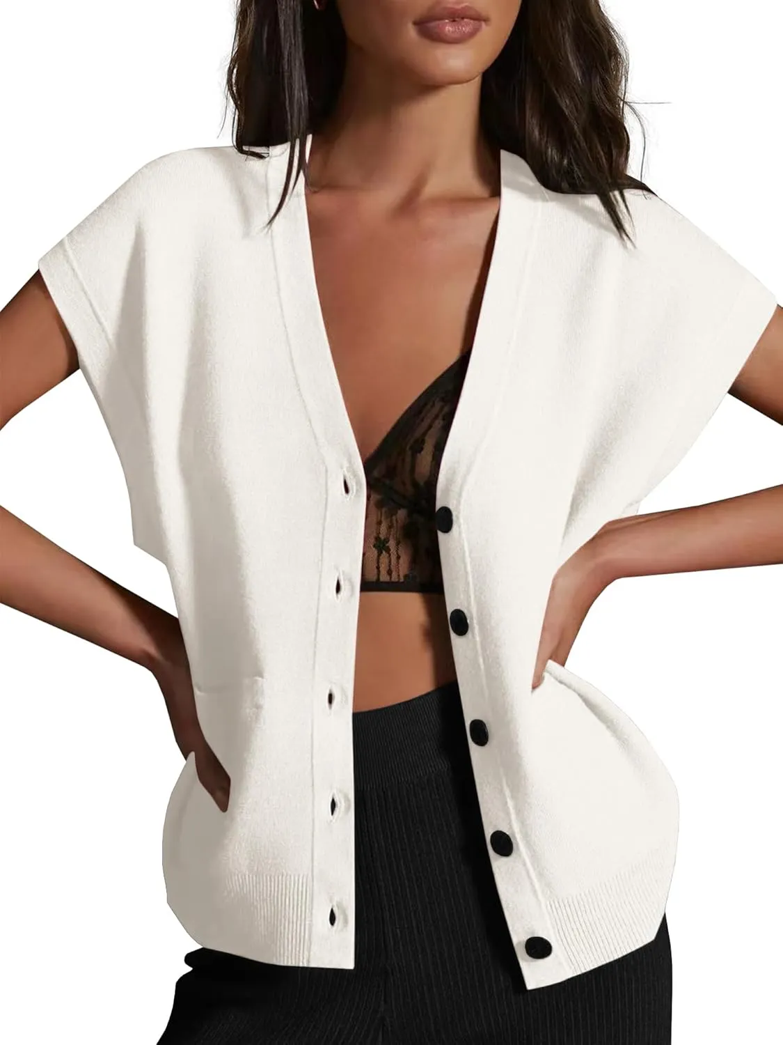 Womens Cardigan Sweater Vest Lightweight V Neck Button Down Cap Sleeve Knit Tops Loose Sleeveless 2025 Spring Outfits