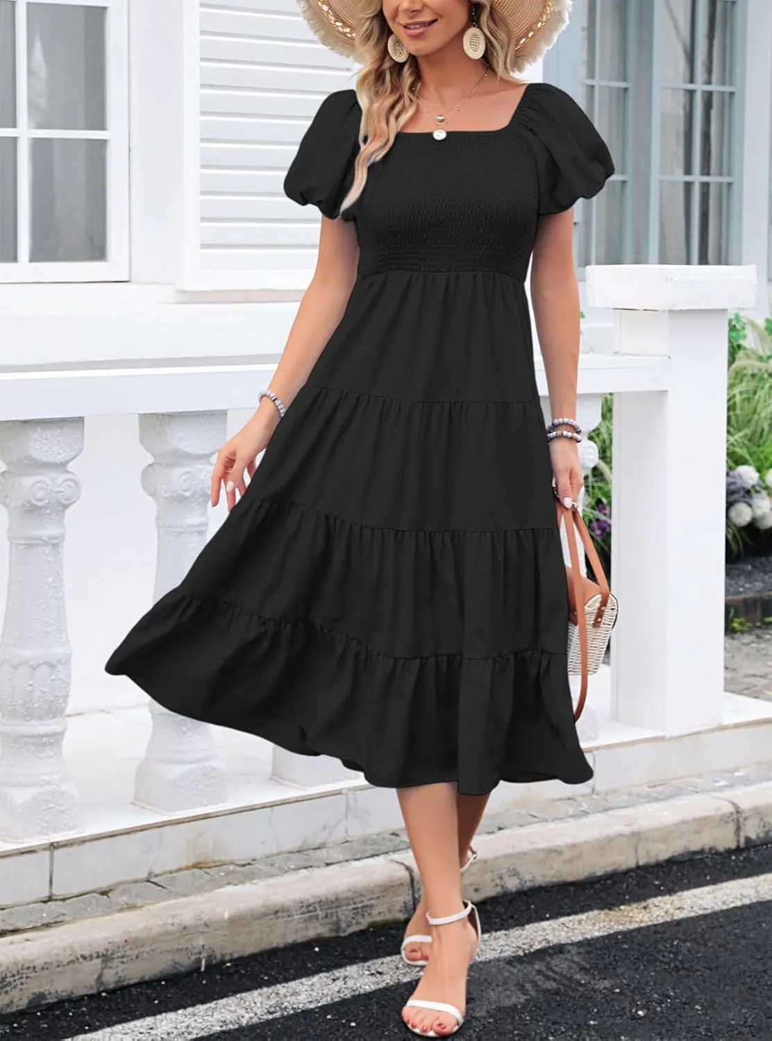 Women's Casual Summer Midi Dress Puffy Short Sleeve Square Neck Smocked Tiered Ruffle Dresses