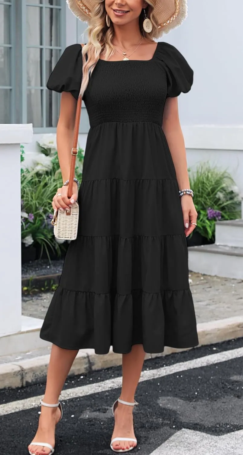 Women's Casual Summer Midi Dress Puffy Short Sleeve Square Neck Smocked Tiered Ruffle Dresses