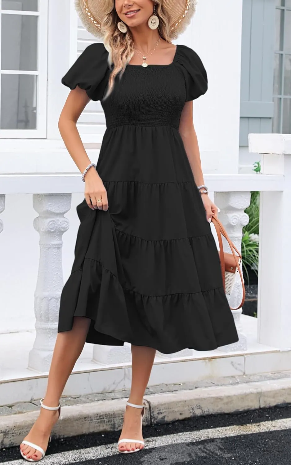 Women's Casual Summer Midi Dress Puffy Short Sleeve Square Neck Smocked Tiered Ruffle Dresses