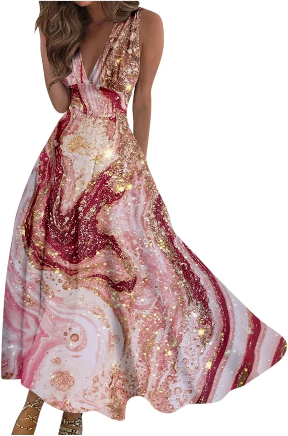 Womens Dresses Flowy Ruched Floral Print Sundresses Wrap V Neck Sleeveless Maxi Dress Elegant Beach Dresses