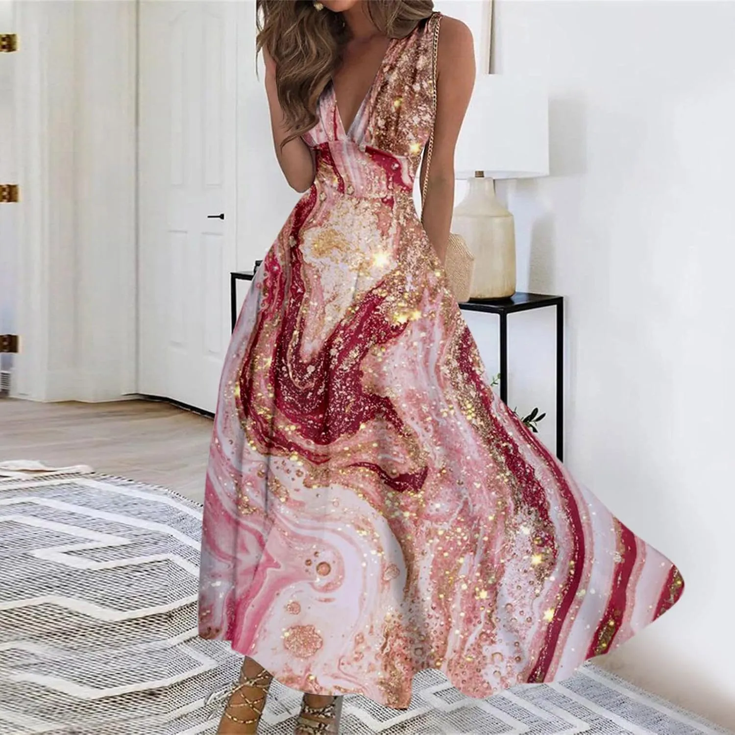 Womens Dresses Flowy Ruched Floral Print Sundresses Wrap V Neck Sleeveless Maxi Dress Elegant Beach Dresses